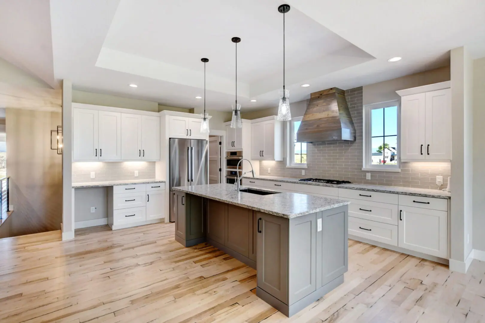 a spacious kitchen with an island