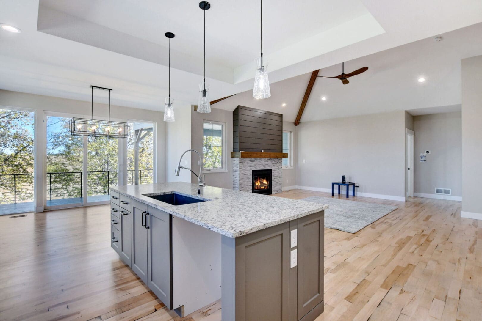 kitchen island and a fireplace