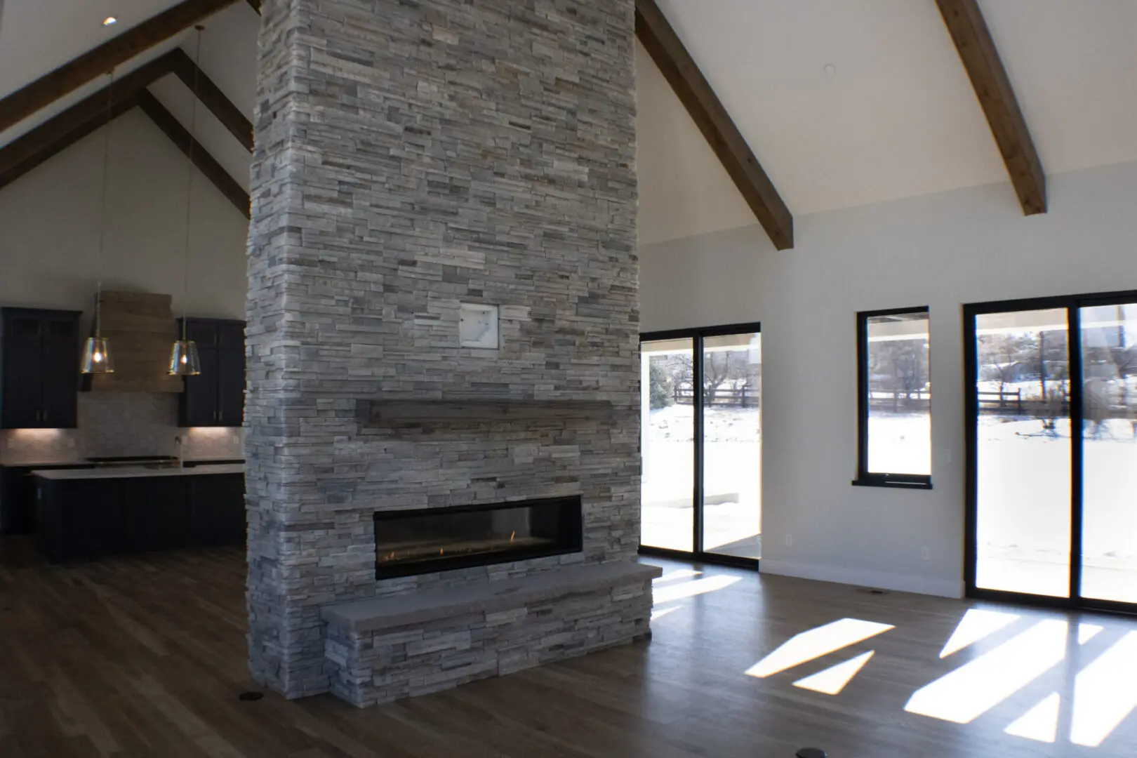a room with a fireplace in the middle